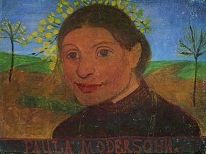 Auto-retrato na frente de árvores floridas de Paula Modersohn-Becker